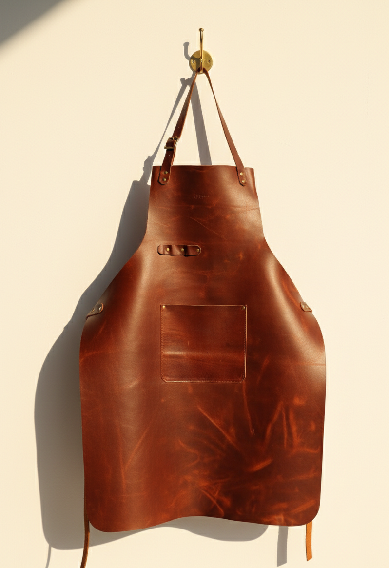 Brown leather apron hanging on a beige wall