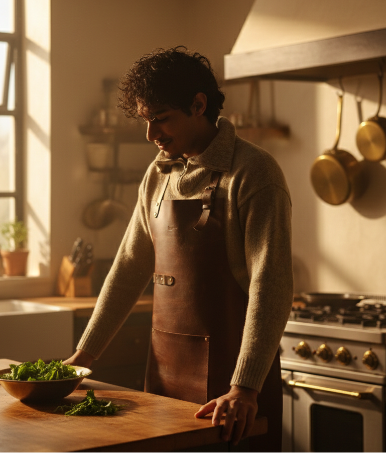 Person wearing a leather apron in a kitchen with pots hanging on the wall.