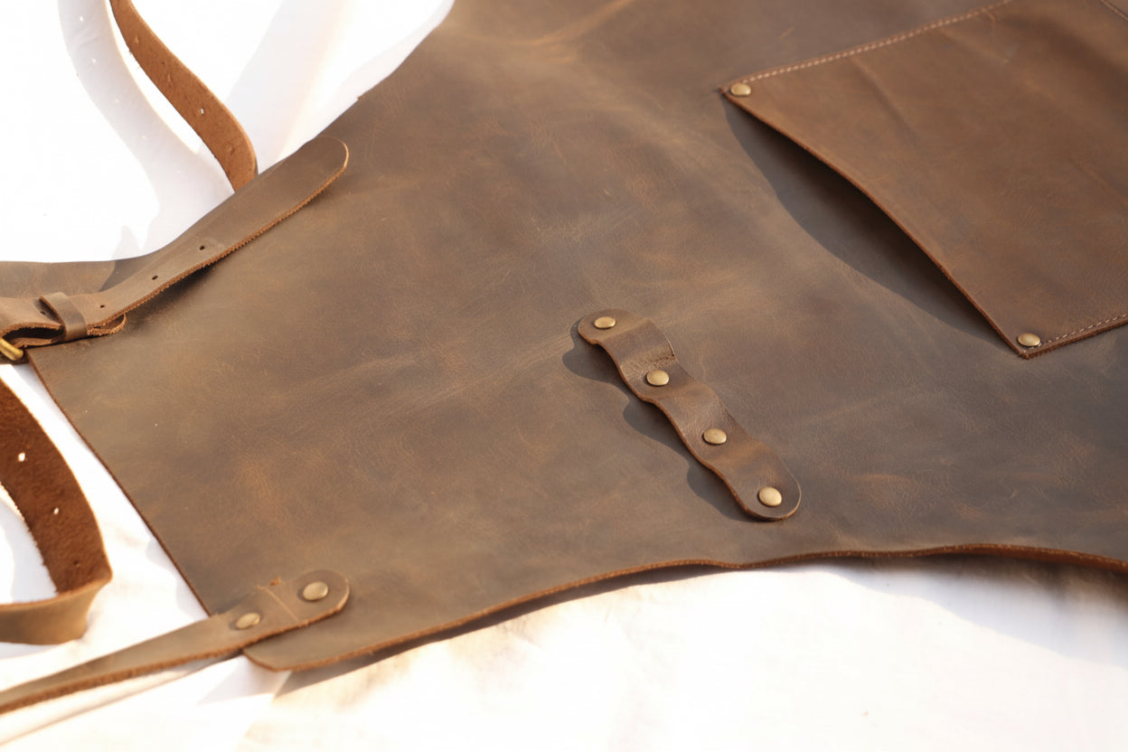 Brown leather apron with straps on a white background