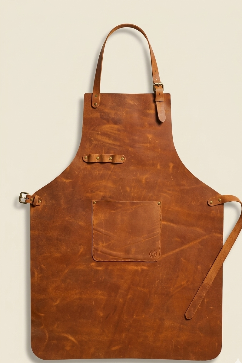 Brown leather apron with a pocket on a beige background