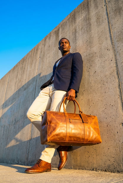 Full Grain Leather Duffel Bag - Heritage Weekender Travel Holdall - Cognac Brown Luggage