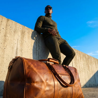 Full Grain Leather Duffel Bag - Heritage Weekender Travel Holdall - Cognac Brown Luggage