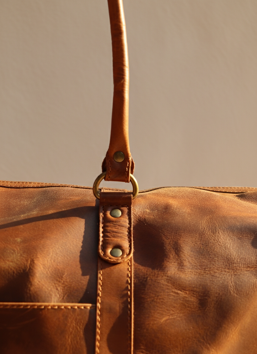 Close-up of a brown leather bag with a strap on a beige background