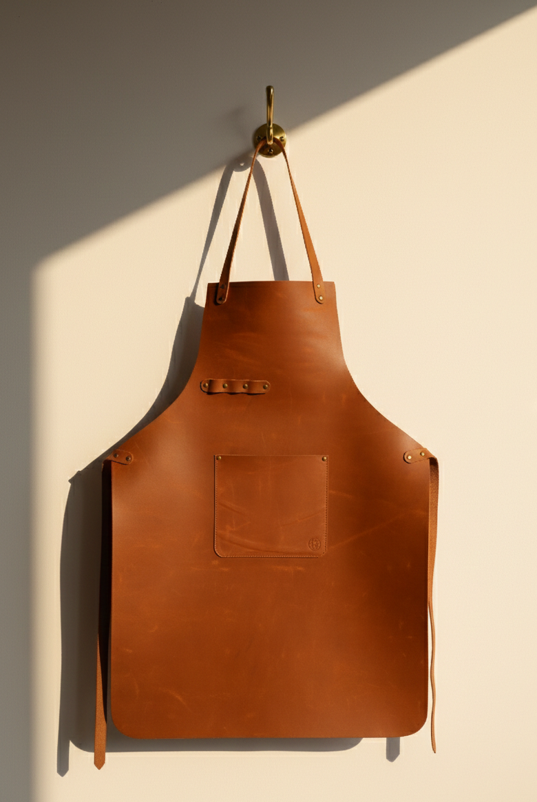 Brown leather apron hanging on a beige wall with a gold hook.