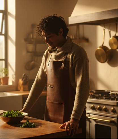 Person wearing a leather apron in a kitchen with pots hanging on the wall.