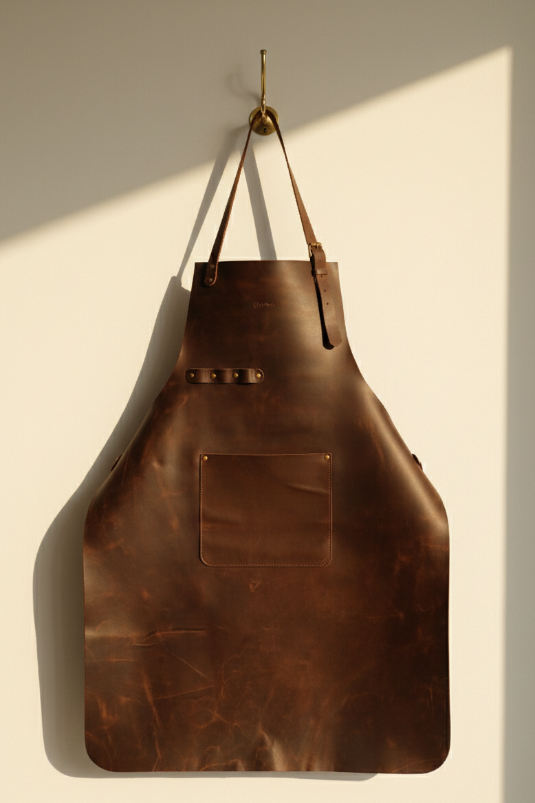 Brown leather apron hanging on a beige wall with sunlight casting shadows.